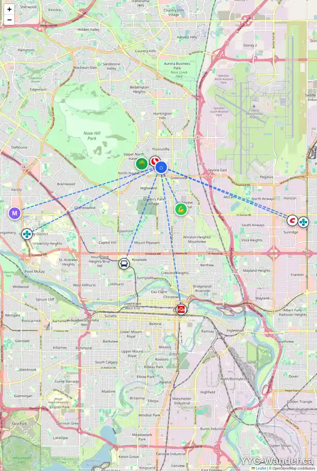 Daily accessibility map for 5308 THORNDALE RD NW, Calgary showing nearby schools, grocery stores, parks, LRT stations and nearby amenities