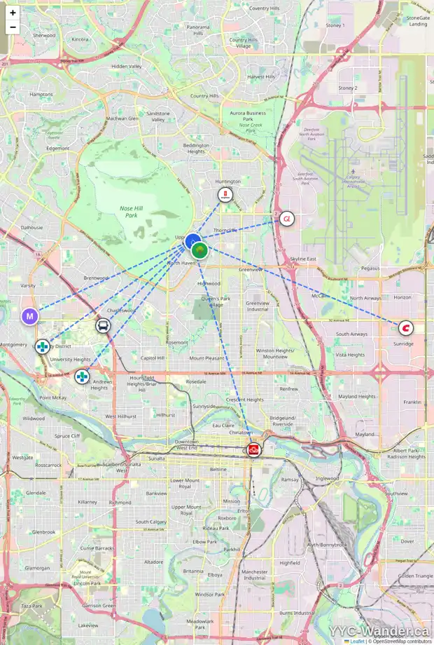 Daily accessibility map for 1328 56 AV NW, Calgary showing nearby schools, grocery stores, parks, LRT stations and nearby amenities