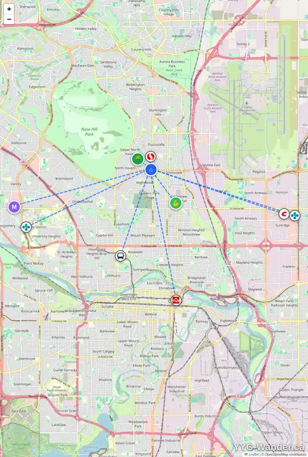 Daily accessibility map for 523 THORNHILL DR NW, Calgary showing nearby schools, grocery stores, parks, LRT stations and nearby amenities