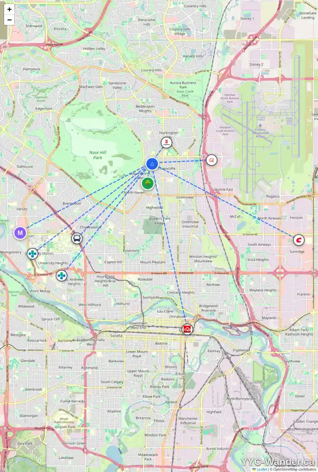 Daily accessibility map for 52 THORNWOOD PL NW, Calgary showing nearby schools, grocery stores, parks, LRT stations and nearby amenities