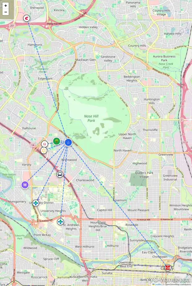 Daily accessibility map for 3231 CONRAD CR NW, Calgary showing nearby schools, grocery stores, parks, LRT stations and nearby amenities