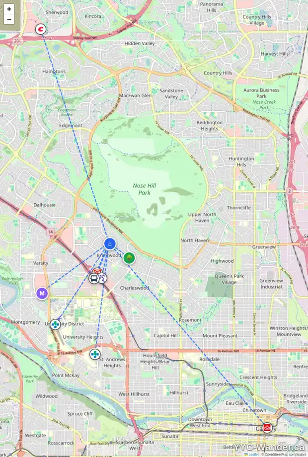 Daily accessibility map for 4923 BRISEBOIS DR NW, Calgary showing nearby schools, grocery stores, parks, LRT stations and nearby amenities