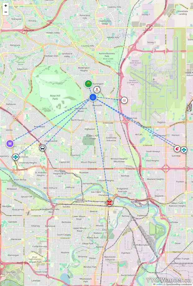 Daily accessibility map for 720 64 AV NW, Calgary showing nearby schools, grocery stores, parks, LRT stations and nearby amenities