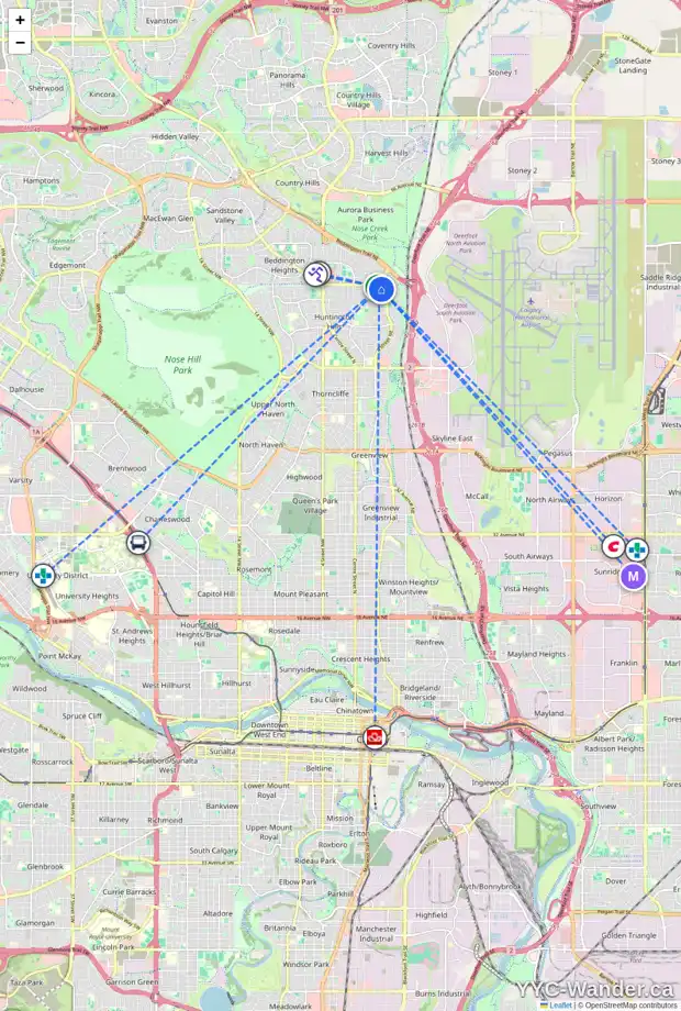 Daily accessibility map for 224 HUNTINGTON CL NE, Calgary showing nearby schools, grocery stores, parks, LRT stations and nearby amenities