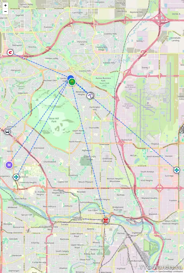 Daily accessibility map for 25 SANDPIPER ME NW, Calgary showing nearby schools, grocery stores, parks, LRT stations and nearby amenities