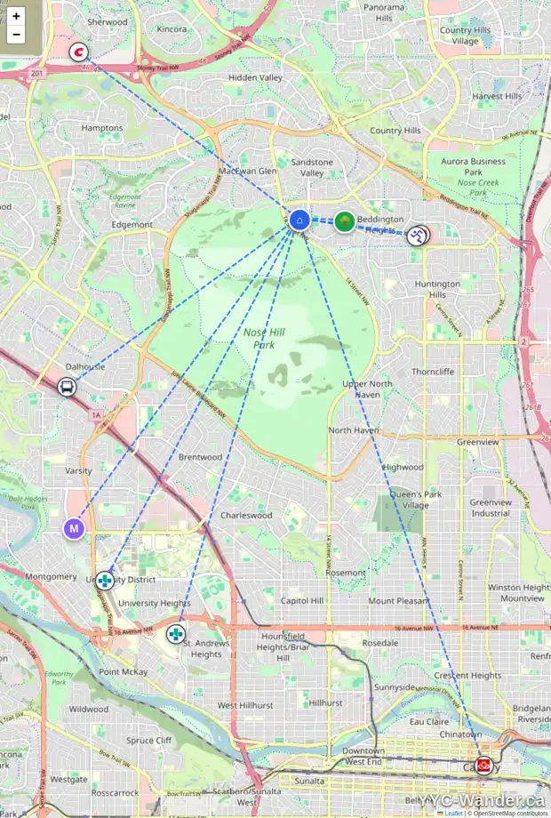 Daily accessibility map for 36 BEACONSFIELD WY NW, Calgary showing nearby schools, grocery stores, parks, LRT stations and nearby amenities