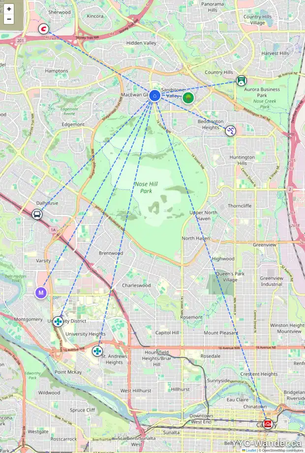 Daily accessibility map for 220 SANDRINGHAM PL NW, Calgary showing nearby schools, grocery stores, parks, LRT stations and nearby amenities