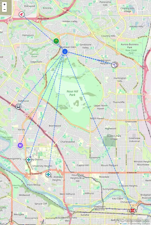 Daily accessibility map for 103 MACEWAN PARK CI NW, Calgary showing nearby schools, grocery stores, parks, LRT stations and nearby amenities