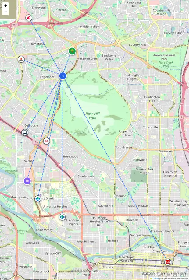 Daily accessibility map for 67 EDGEBROOK CL NW, Calgary showing nearby schools, grocery stores, parks, LRT stations and nearby amenities