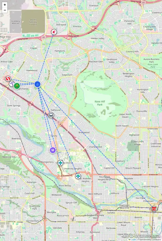 Daily accessibility map for 624 RANCH ESTATES BA NW, Calgary showing nearby schools, grocery stores, parks, LRT stations and nearby amenities