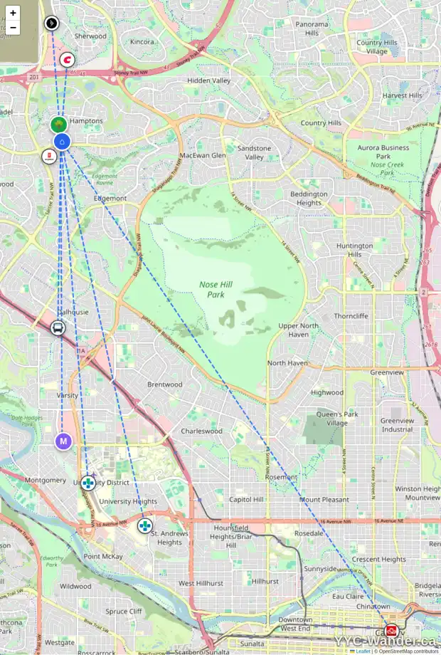 Daily accessibility map for 57 HAMPSHIRE CI NW, Calgary showing nearby schools, grocery stores, parks, LRT stations and nearby amenities