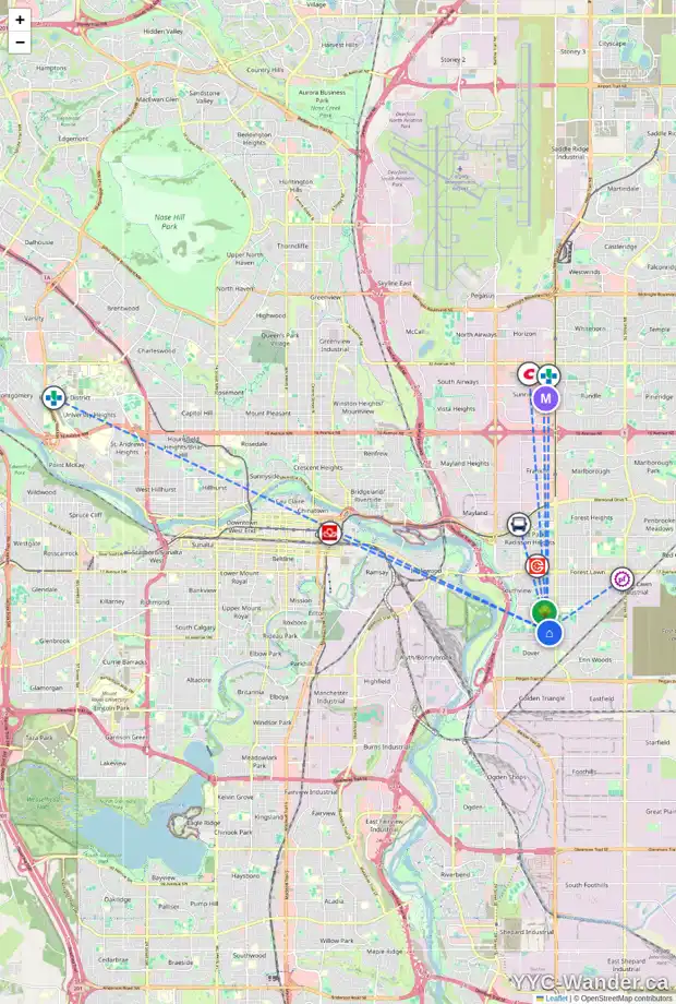 Daily accessibility map for 3421 31A AV SE, Calgary showing nearby schools, grocery stores, parks, LRT stations and nearby amenities