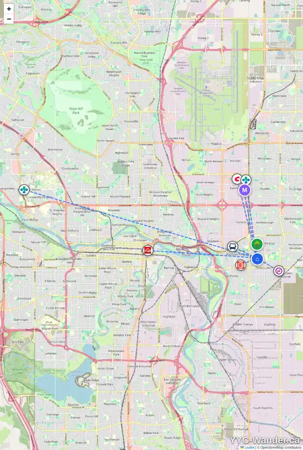 Daily accessibility map for 1301 40 ST SE, Calgary showing nearby schools, grocery stores, parks, LRT stations and nearby amenities