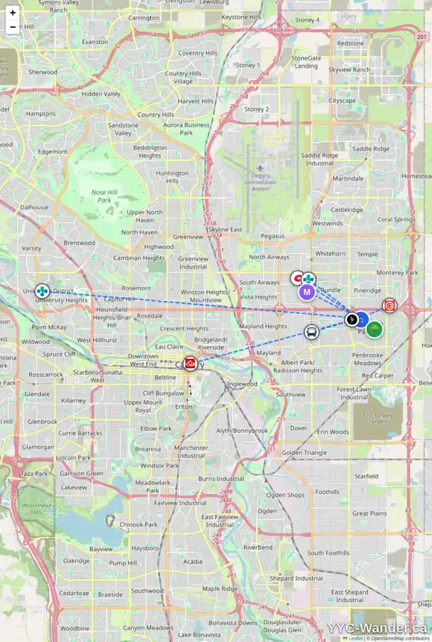 Daily accessibility map for 403 MANORA WY NE, Calgary showing nearby schools, grocery stores, parks, LRT stations and nearby amenities