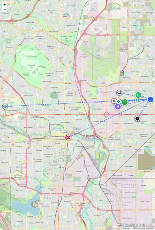 Daily accessibility map for 1071 PINECLIFF DR NE, Calgary showing nearby schools, grocery stores, parks, LRT stations and nearby amenities