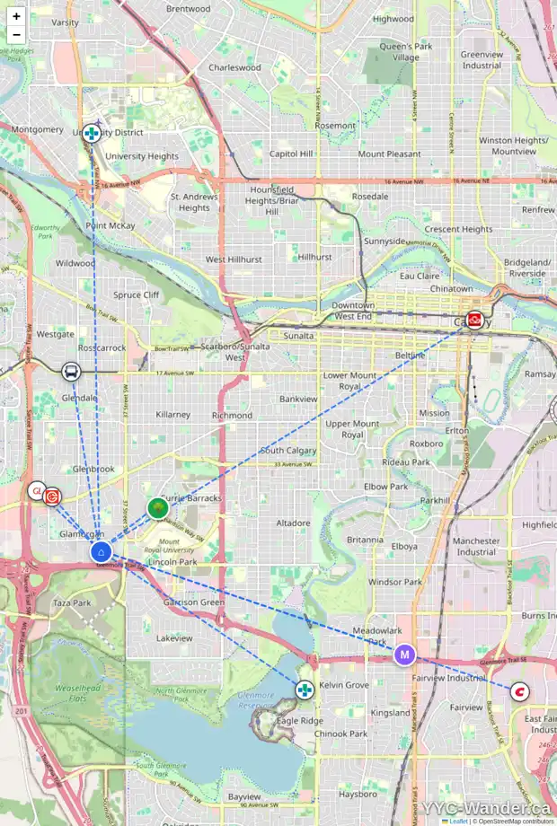 Daily accessibility map for 131 GLACIER DR SW, Calgary showing nearby schools, grocery stores, parks, LRT stations and nearby amenities