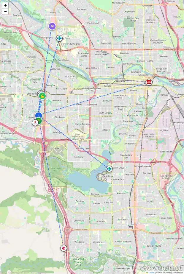 Daily accessibility map for 12 SIENNA BA SW, Calgary showing nearby schools, grocery stores, parks, LRT stations and nearby amenities
