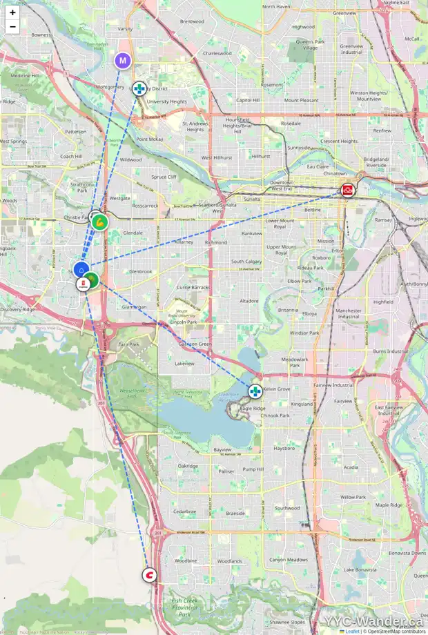 Daily accessibility map for 92 SIENNA HILLS VW SW, Calgary showing nearby schools, grocery stores, parks, LRT stations and nearby amenities