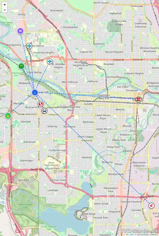 Daily accessibility map for 420 40 ST SW, Calgary showing nearby schools, grocery stores, parks, LRT stations and nearby amenities