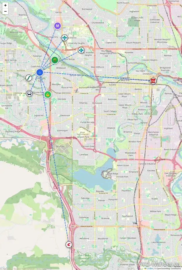Daily accessibility map for 68 STRATHCLAIR RI SW, Calgary showing nearby schools, grocery stores, parks, LRT stations and nearby amenities