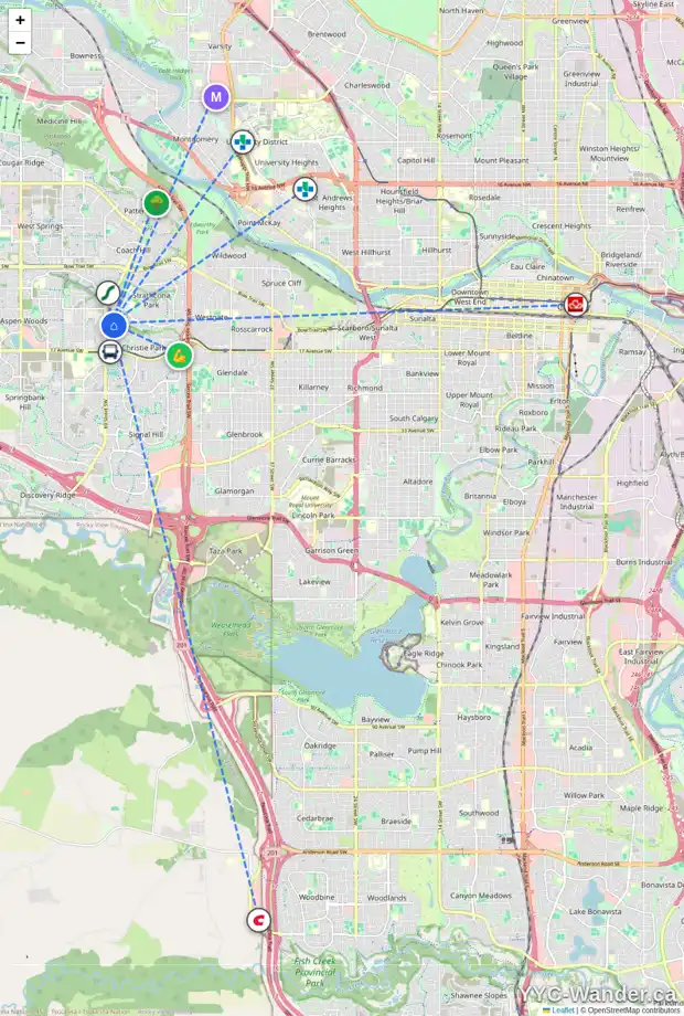 Daily accessibility map for 311 CHRISTIE KNOLL PT SW, Calgary showing nearby schools, grocery stores, parks, LRT stations and nearby amenities