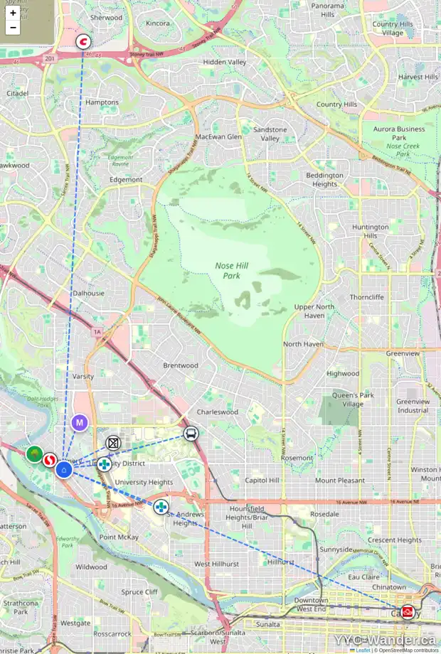 Daily accessibility map for 4731 BOWNESS RD NW, Calgary showing nearby schools, grocery stores, parks, LRT stations and nearby amenities