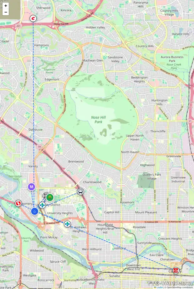 Daily accessibility map for 4508 20 AV NW, Calgary showing nearby schools, grocery stores, parks, LRT stations and nearby amenities