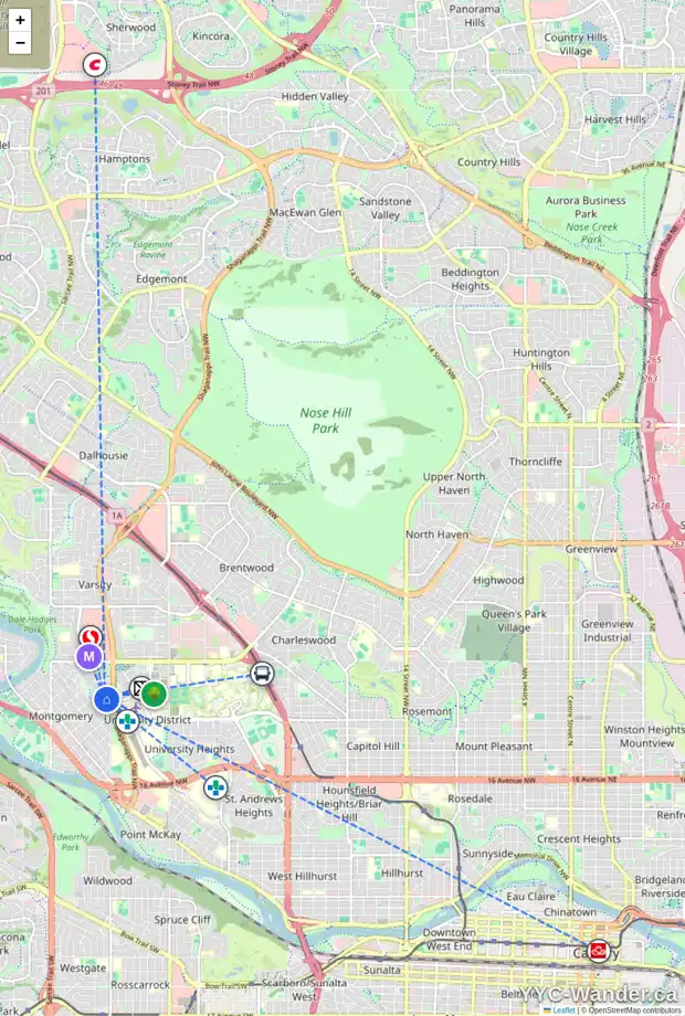 Daily accessibility map for 2816 MONTALBAN CR NW, Calgary showing nearby schools, grocery stores, parks, LRT stations and nearby amenities