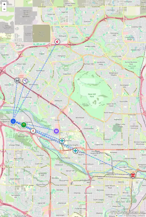 Daily accessibility map for 8611 33 AV NW, Calgary showing nearby schools, grocery stores, parks, LRT stations and nearby amenities