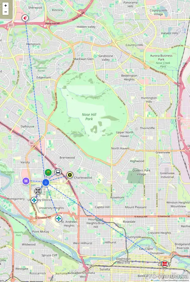 Daily accessibility map for 16 VARMOOR PL NW, Calgary showing nearby schools, grocery stores, parks, LRT stations and nearby amenities
