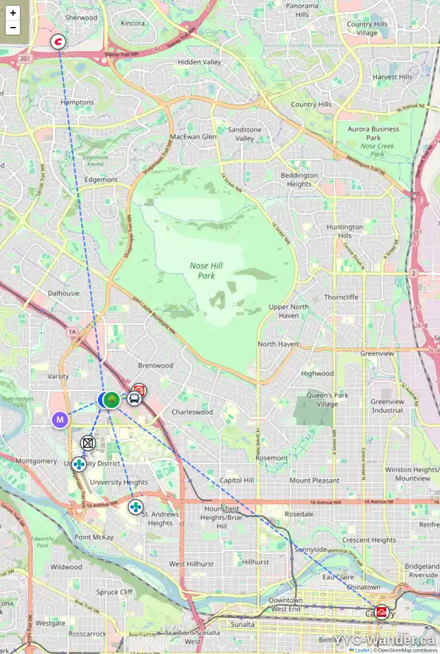 Daily accessibility map for 18 VARCREST PL NW, Calgary showing nearby schools, grocery stores, parks, LRT stations and nearby amenities
