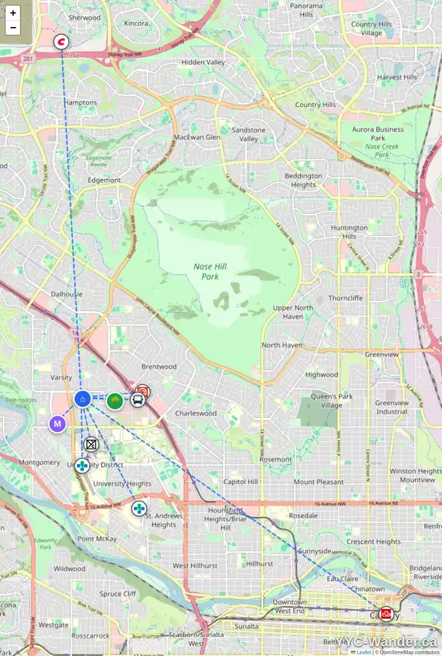 Daily accessibility map for 12 VARBAY PL NW, Calgary showing nearby schools, grocery stores, parks, LRT stations and nearby amenities