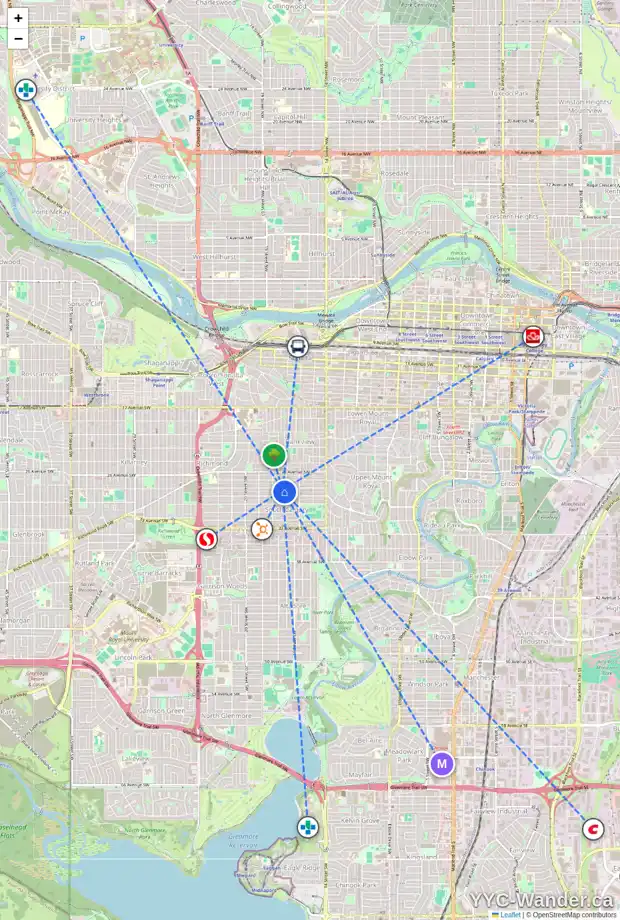 Daily accessibility map for 1809 28 AV SW, Calgary showing nearby schools, grocery stores, parks, LRT stations and nearby amenities