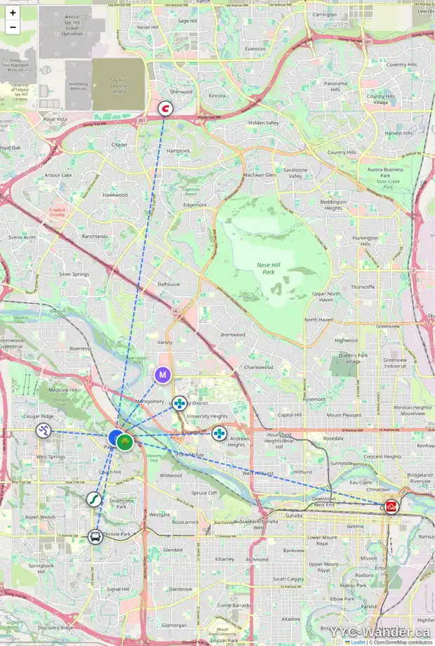 Daily accessibility map for 22 PATTERSON PA SW, Calgary showing nearby schools, grocery stores, parks, LRT stations and nearby amenities