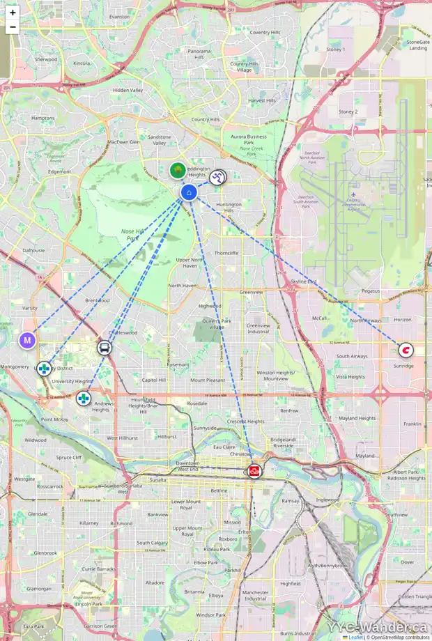 Daily accessibility map for 7828 HUNTERQUAY RD NW, Calgary showing nearby schools, grocery stores, parks, LRT stations and nearby amenities