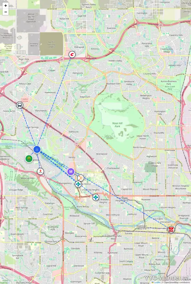 Daily accessibility map for 7208 BOW CR NW, Calgary showing nearby schools, grocery stores, parks, LRT stations and nearby amenities