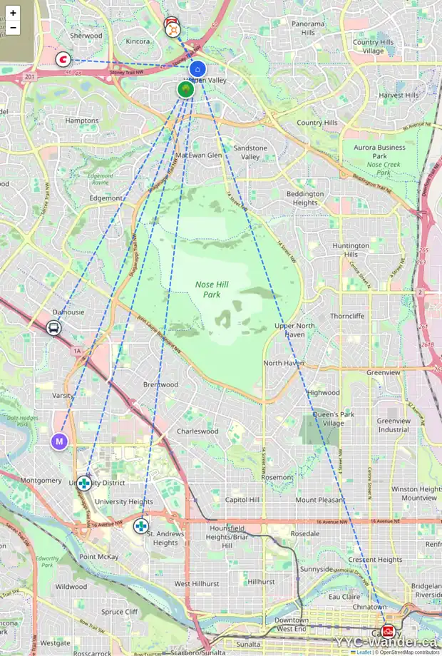 Daily accessibility map for 242 HIDDEN SPRING ME NW, Calgary showing nearby schools, grocery stores, parks, LRT stations and nearby amenities
