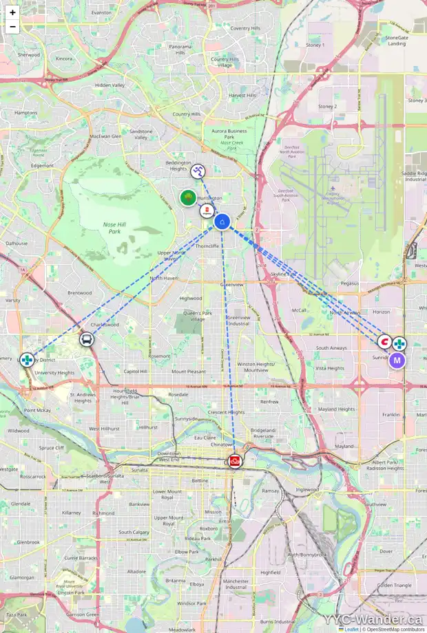 Daily accessibility map for 67 HUNTFORD CL NE, Calgary showing nearby schools, grocery stores, parks, LRT stations and nearby amenities