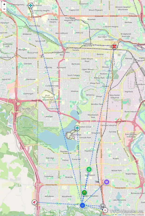 Daily accessibility map for 13020 CANSO PL SW, Calgary showing nearby schools, grocery stores, parks, LRT stations and nearby amenities