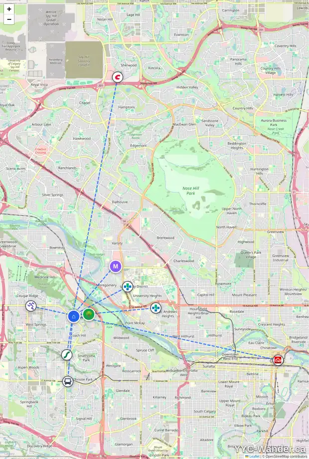 Daily accessibility map for 3301 393 PATTERSON HL SW, Calgary showing nearby schools, grocery stores, parks, LRT stations and nearby amenities
