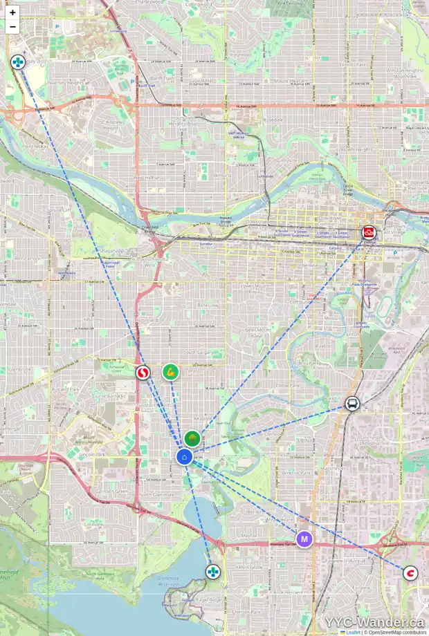 Daily accessibility map for 1946 50 AV SW, Calgary showing nearby schools, grocery stores, parks, LRT stations and nearby amenities