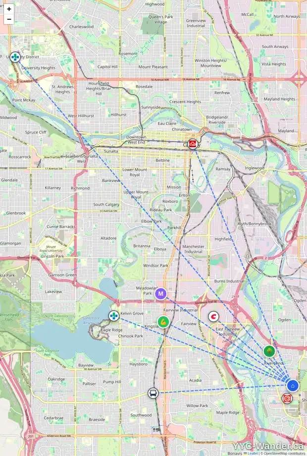 Daily accessibility map for 57 RIVER ROCK CO SE, Calgary showing nearby schools, grocery stores, parks, LRT stations and nearby amenities