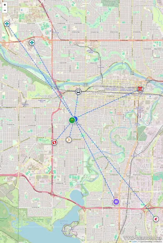 Daily accessibility map for 1715 23 AV SW, Calgary showing nearby schools, grocery stores, parks, LRT stations and nearby amenities
