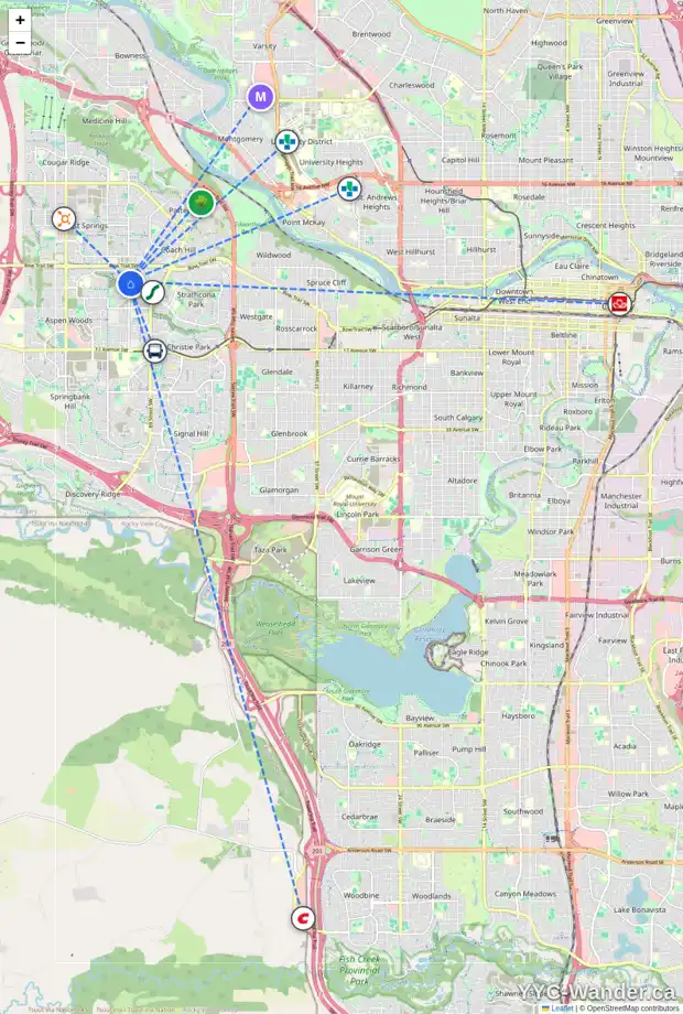 Daily accessibility map for 48 STRATHRIDGE GD SW, Calgary showing nearby schools, grocery stores, parks, LRT stations and nearby amenities