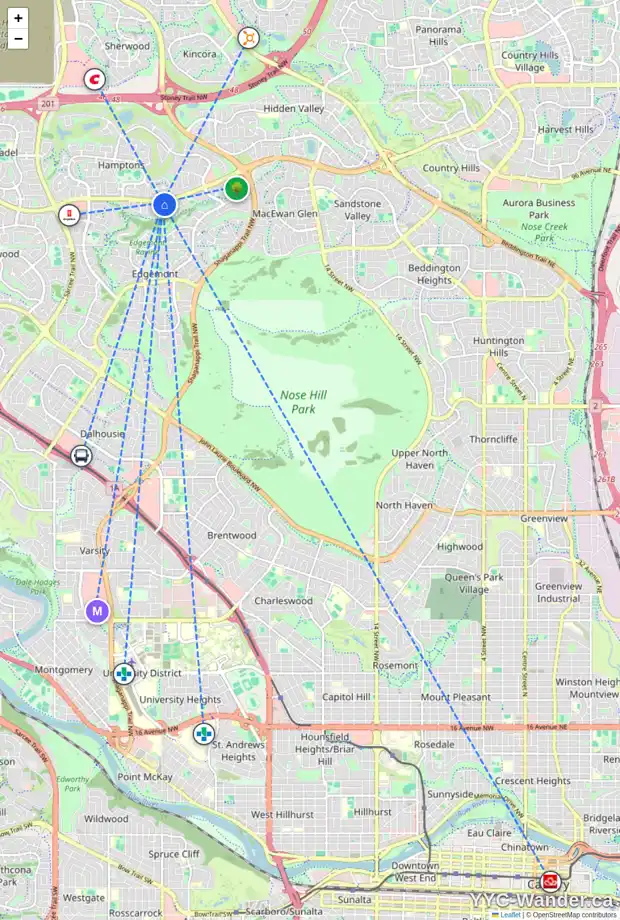 Daily accessibility map for 153 EDGERIDGE PA NW, Calgary showing nearby schools, grocery stores, parks, LRT stations and nearby amenities