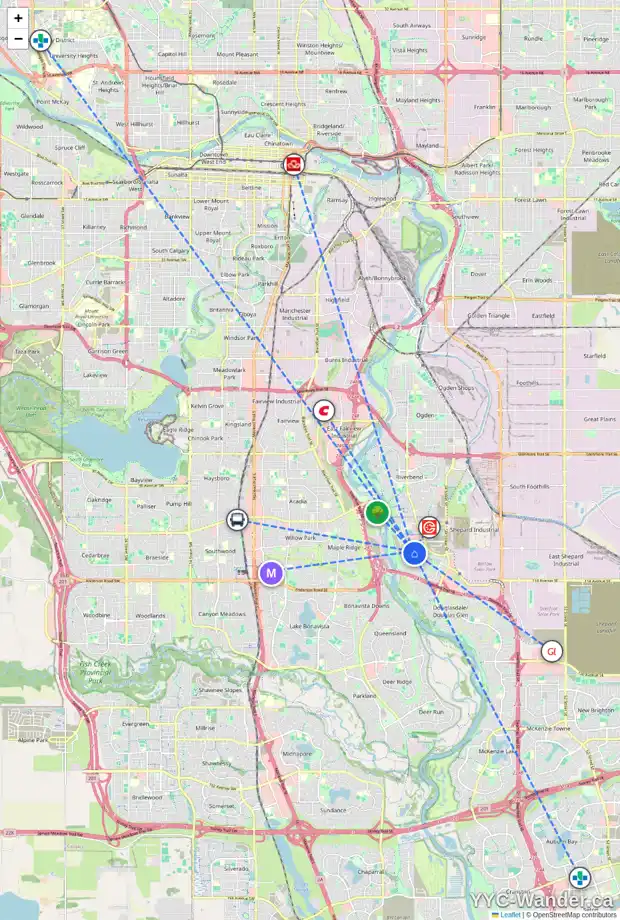 Daily accessibility map for 97 DOUGLAS GLEN CI SE, Calgary showing nearby schools, grocery stores, parks, LRT stations and nearby amenities