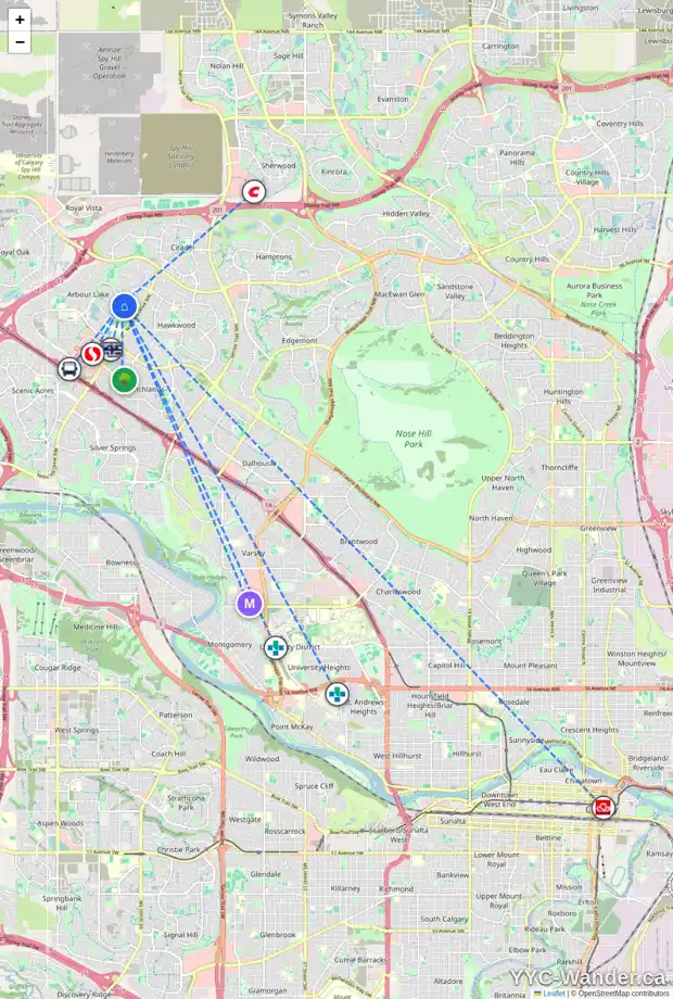 Daily accessibility map for 736 ARBOUR LAKE DR NW, Calgary showing nearby schools, grocery stores, parks, LRT stations and nearby amenities