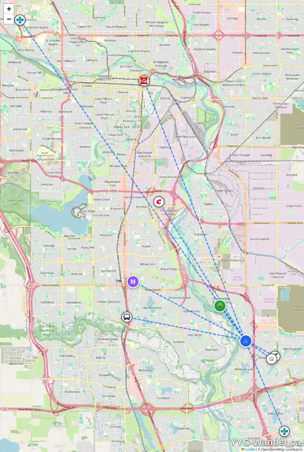 Daily accessibility map for 327 MT DOUGLAS GR SE, Calgary showing nearby schools, grocery stores, parks, LRT stations and nearby amenities