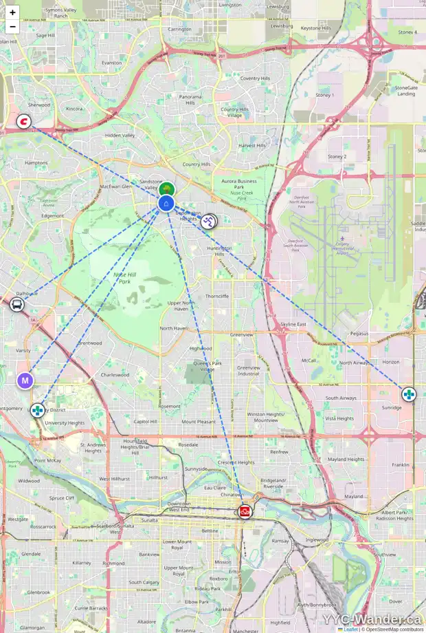Daily accessibility map for 112 SANDSTONE RD NW, Calgary showing nearby schools, grocery stores, parks, LRT stations and nearby amenities