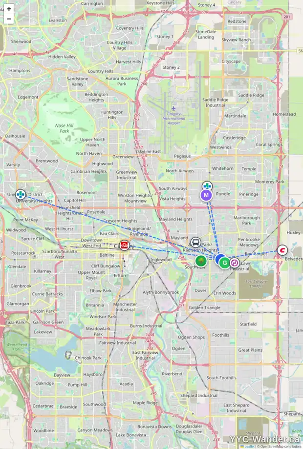 Daily accessibility map for 201 1724 42 ST SE, Calgary showing nearby schools, grocery stores, parks, LRT stations and nearby amenities